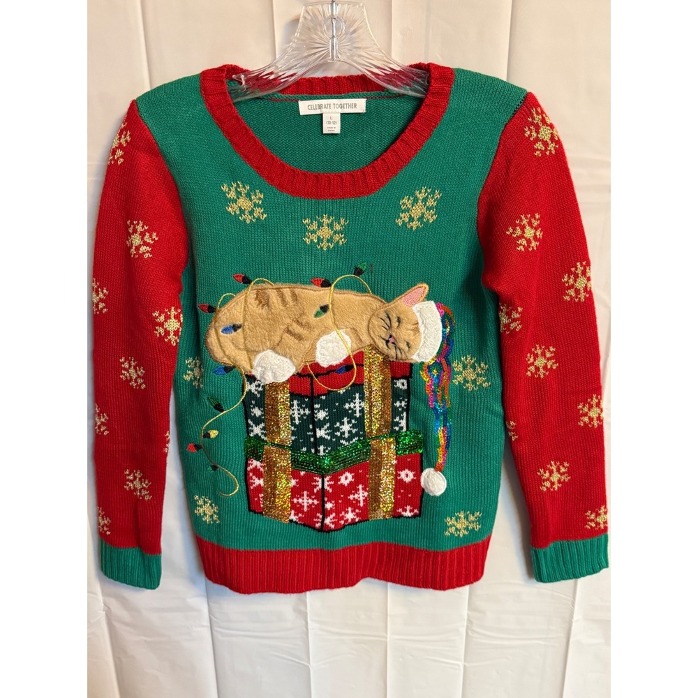 Celebrate Together Kids Ugly Christmas Sweater Cat Gifts Lights Size L 10 12‎